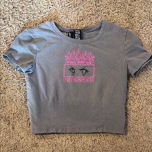 Gray and Pink Graphic Crop Top with Short Sleeves